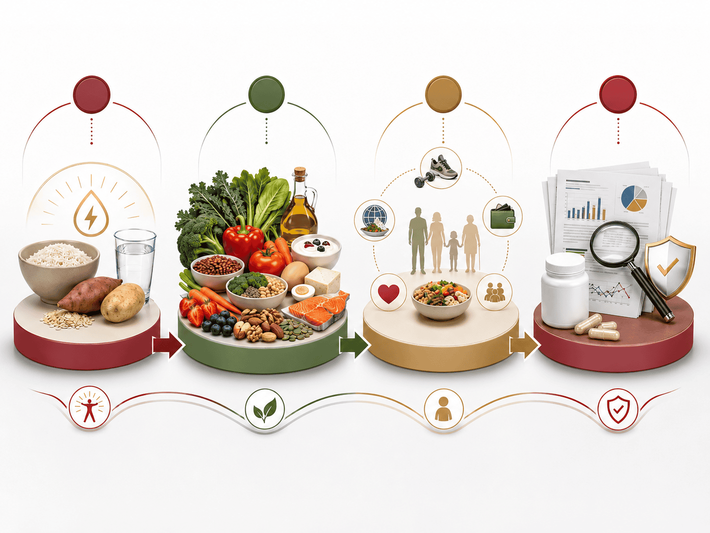 Visual framework connecting nutrition needs, food patterns, individual context, and evidence