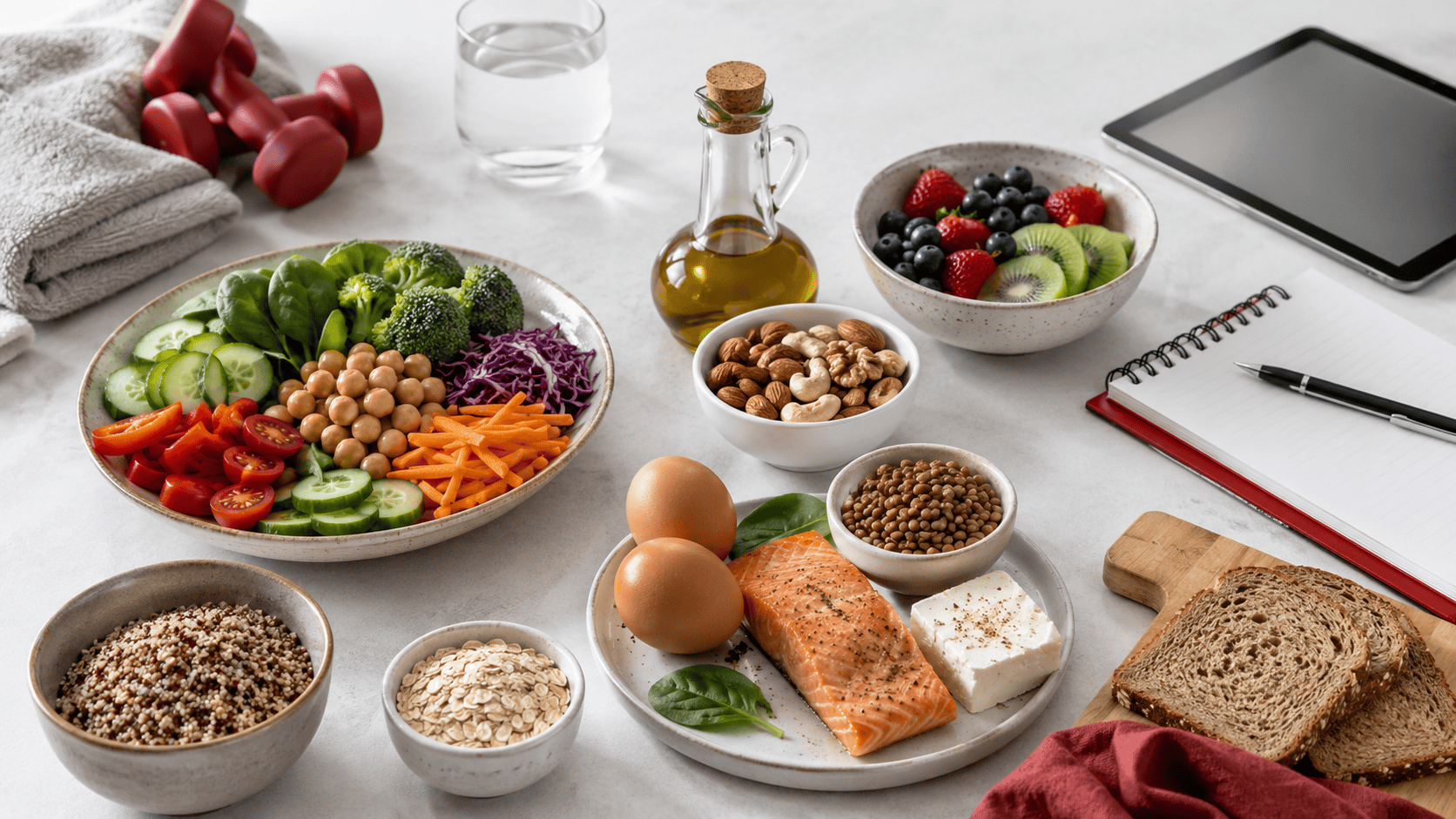 Balanced foods, water, and a notebook representing evidence-informed nutrition education
