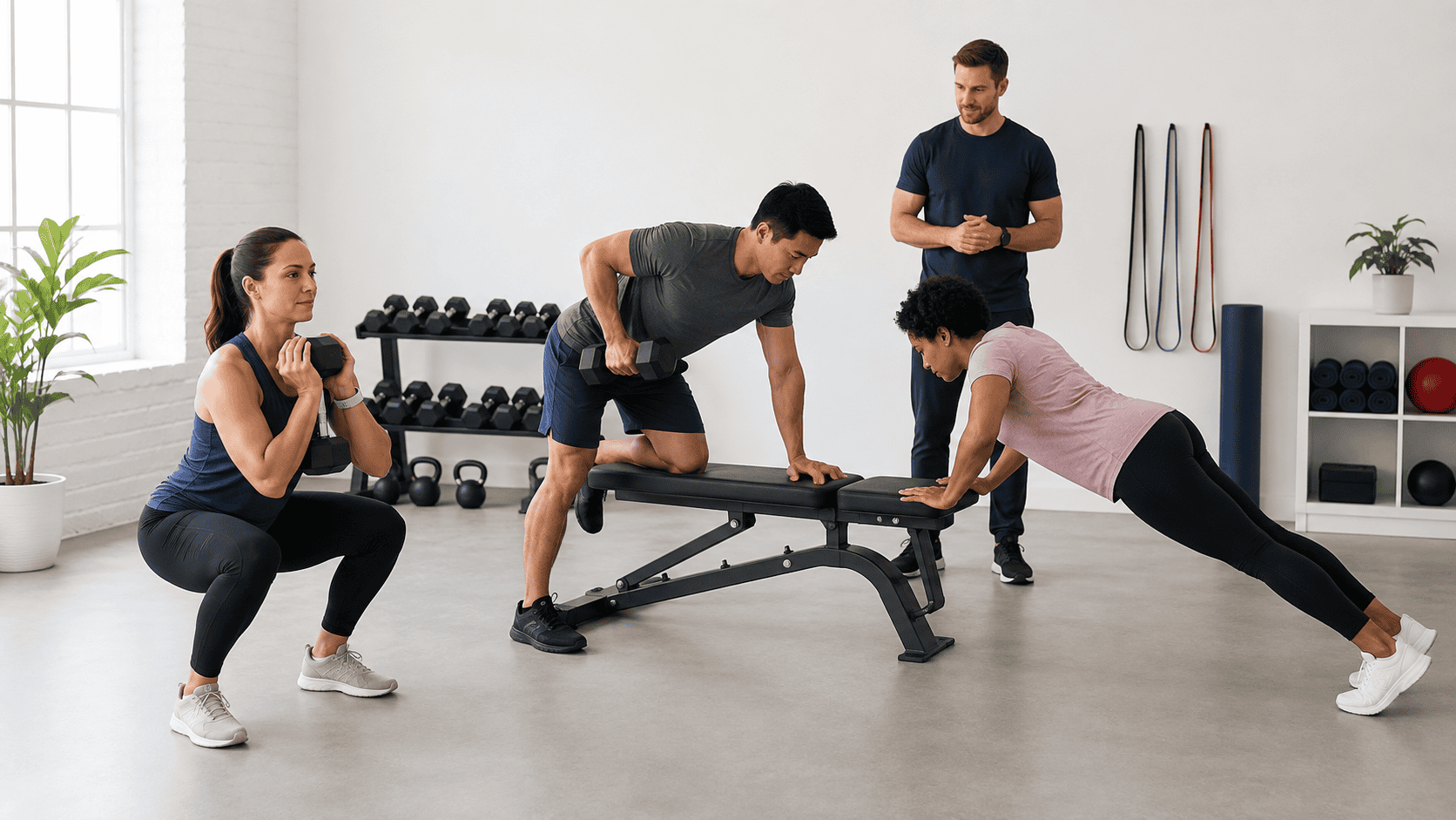 Adults practicing a goblet squat, supported dumbbell row, and incline push-up while an exercise educator observes