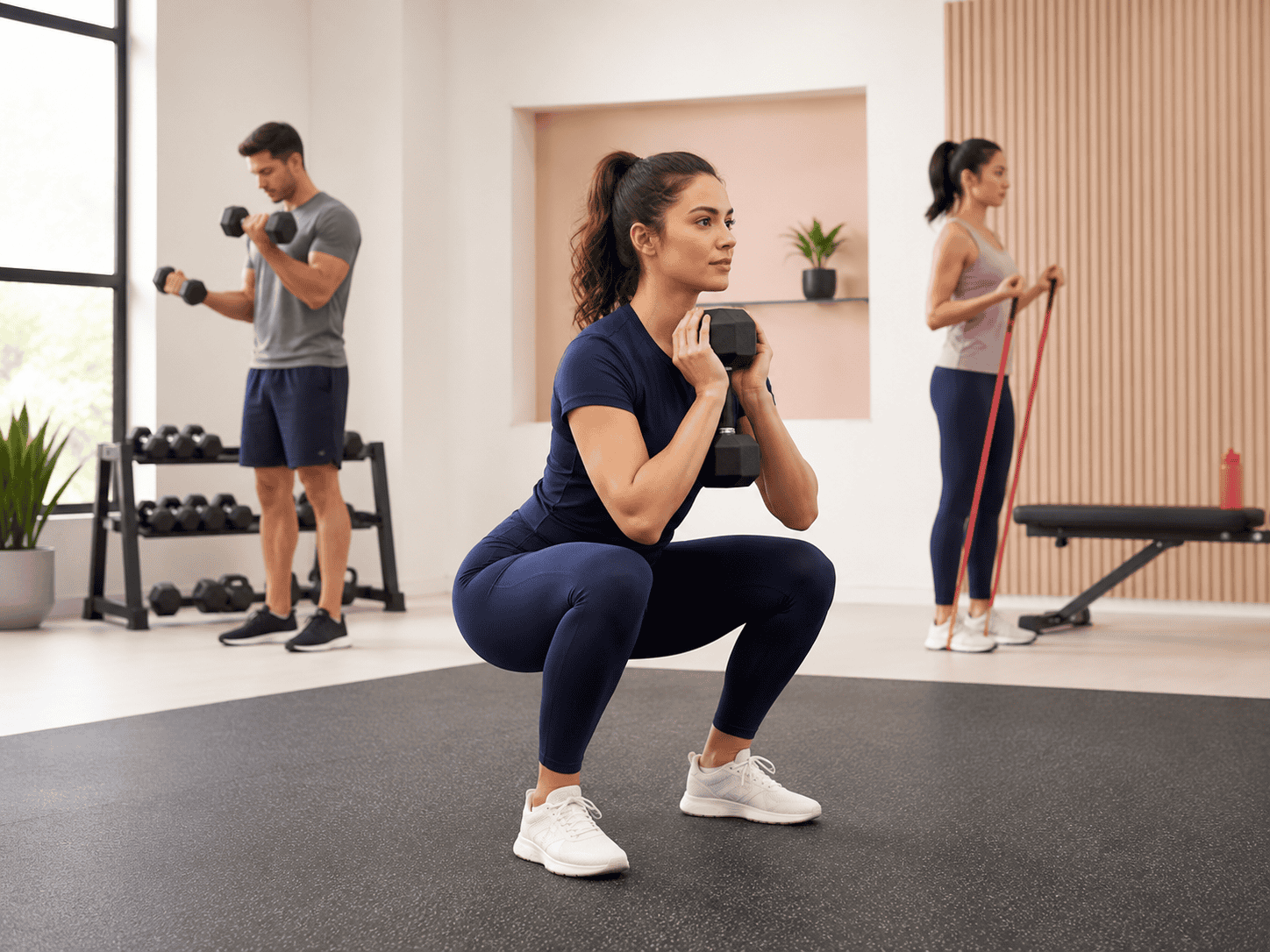 Recreational adults using dumbbells and resistance bands in a beginner-friendly strength-training setting