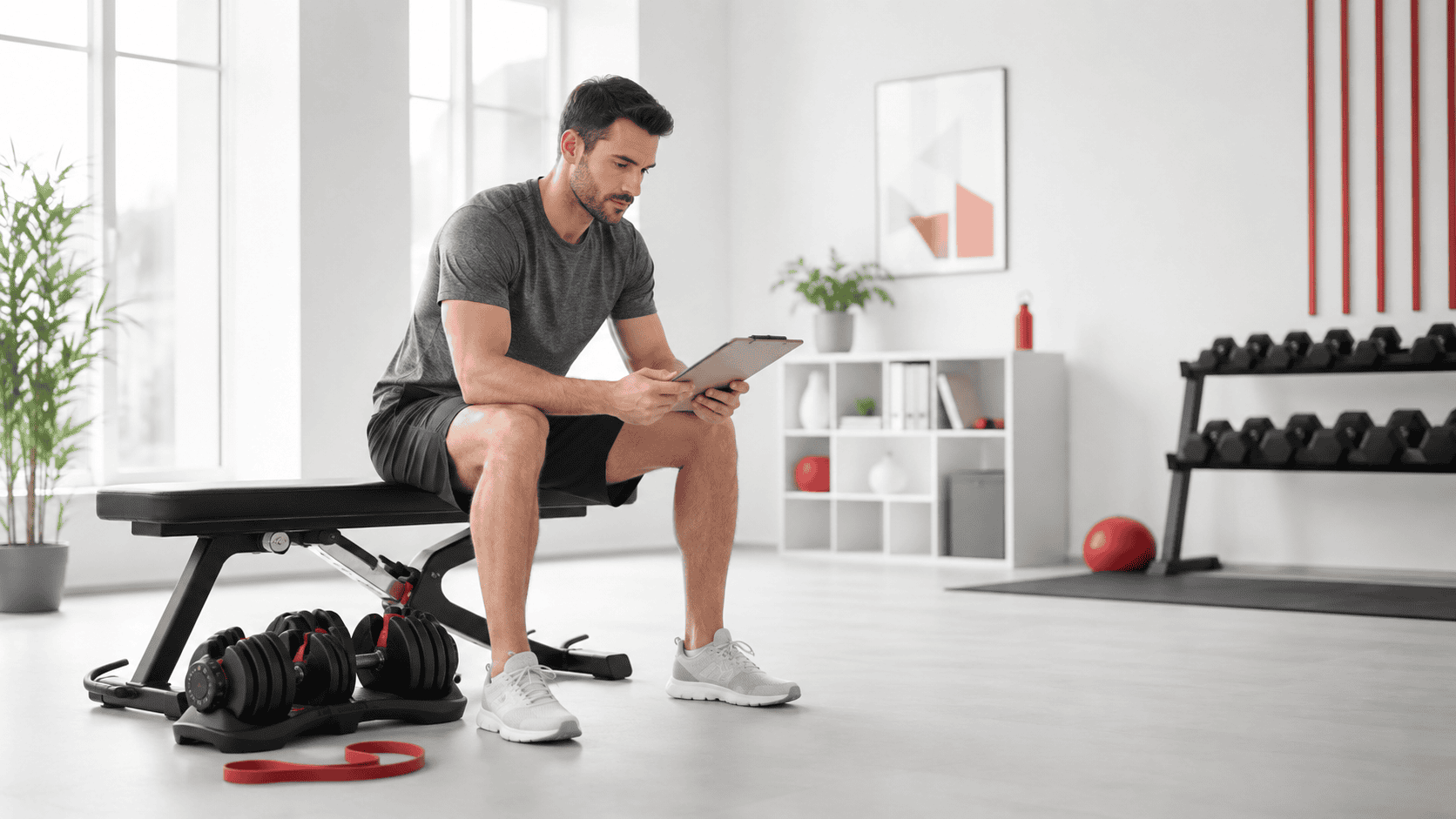 Athlete reviewing a structured training plan beside dumbbells and a resistance band