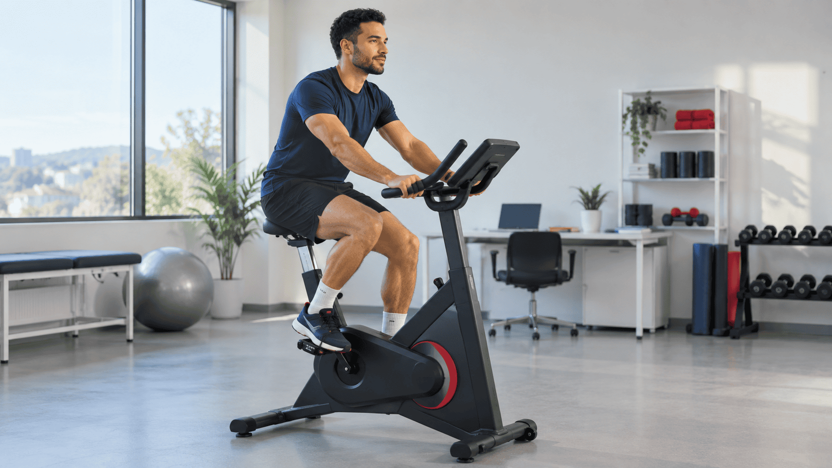 Adult cycling on a stationary exercise bike in a bright training space