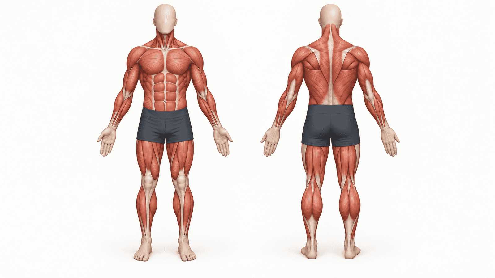 Front and back views of major skeletal muscles for strength-training anatomy